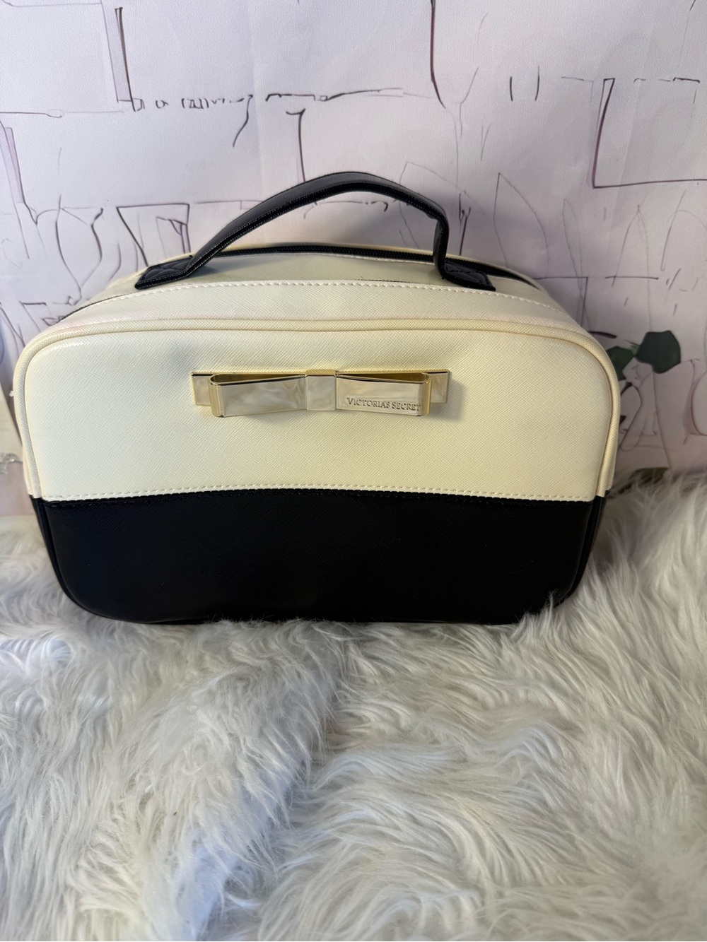 Victoria's Secret Black and Cream Two-Tone Cosmetic Case with Gold Bow